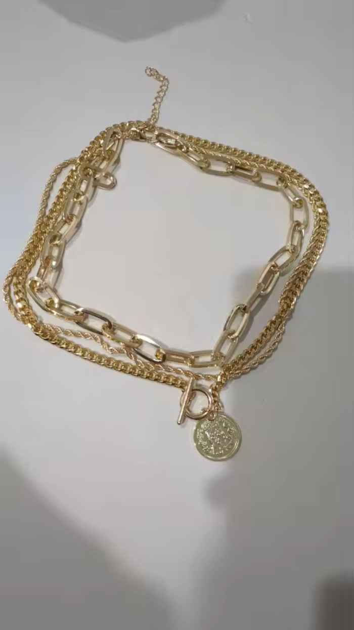 3-Layer Gold Chunky Paperclip Chain OT Coin Necklace Women Punk Fashion Jewelry