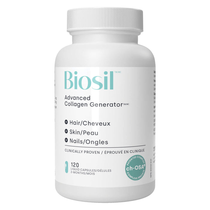 Bottle of BioSil™ Advanced Collagen Generator Hair • Skin • Nails 120 Liquid Vegetarian Capsules