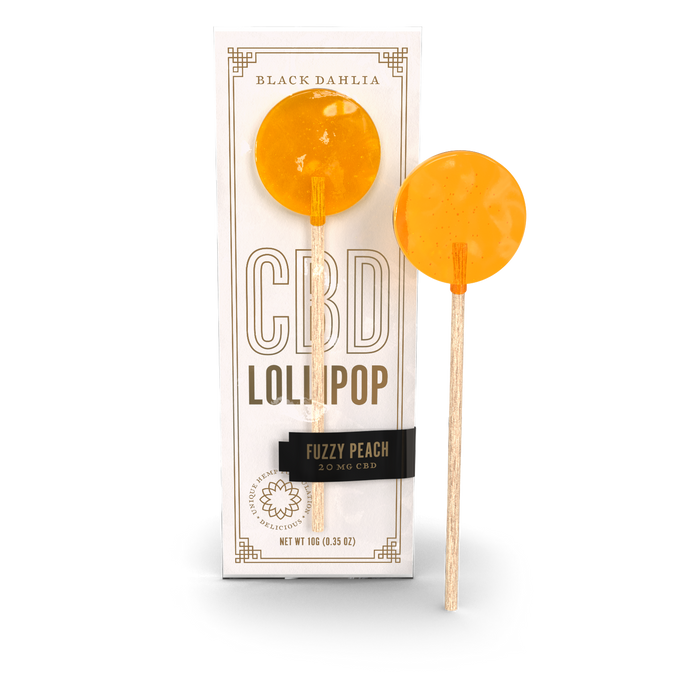 CBD lollipop in orange Fuzzy Peach flavor, 20 mg CBD on box and wrapper