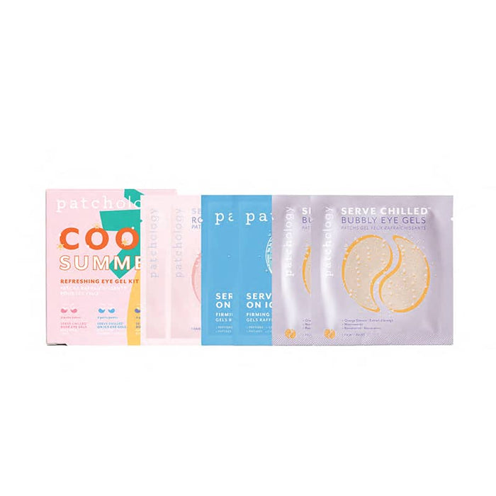 Patchology Cool Summer Eye Gel Kit with assorted pink, blue, and lavender eye gel sachets.