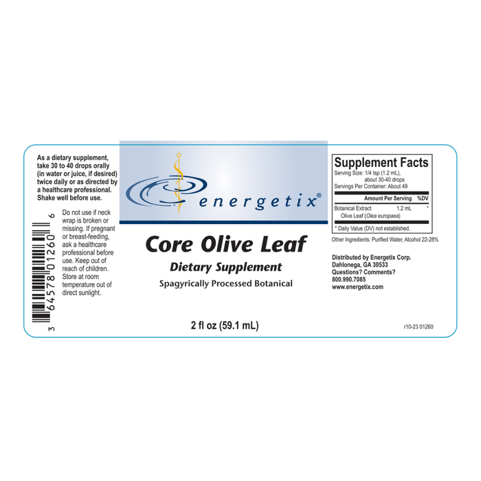 Core Olive Leaf is a spagyrically processed botanical extract of Olea europaea leaf that offers multi-faceted systemic support for normal immune function, a balanced microbiome, intestinal epithelial integrity, and normal cardiovascular function.*