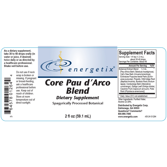 Core Pau d’Arco Blend is a spagyrically processed, comprehensive botanical blend of rainforest herbs, including pau d’arco bark and cat’s claw. It helps support healthy systemic Candida and fungi levels (mycobiome), normal immune function, healthy liver function, and normal lymphatic function and flow.