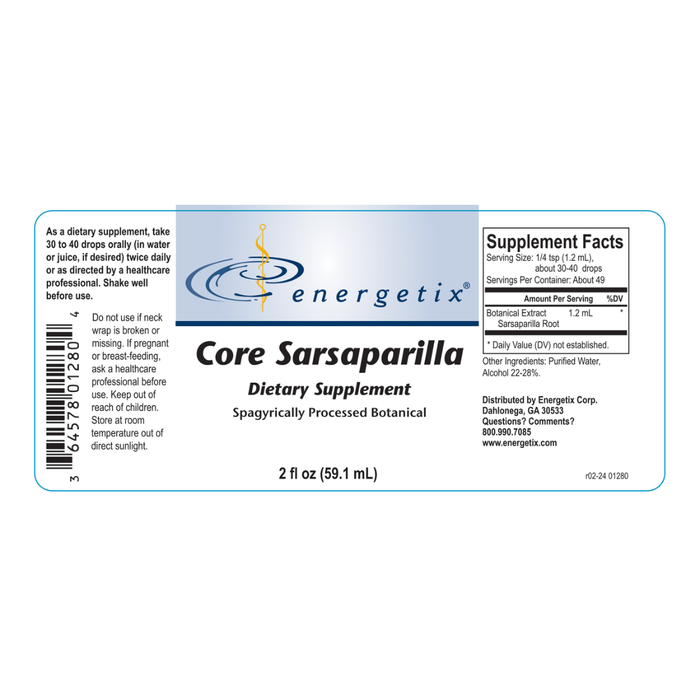 Core Sarsaparilla is a spagyrically processed, adaptogenic botanical extract of sarsaparilla root (Smilax officianales, ornata, regelii) that supports normal liver function, skin health, and endocrine balance and offers general systemic support of healthy tissues.*