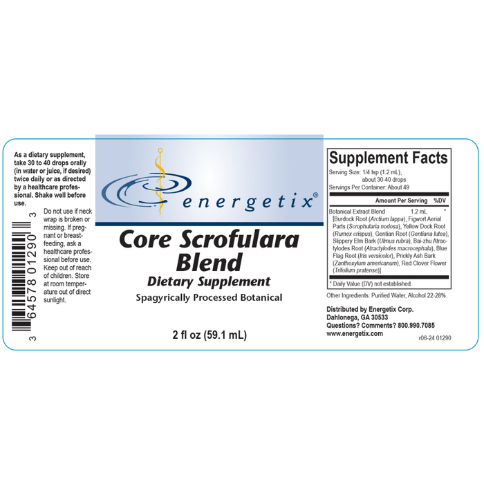 Core Scrofulara Blend is a spagyrically processed, comprehensive, botanical blend of Scrophularia nodosa (figwort), gentian, burdock, slippery elm, and other complementary herbs to help support the spleen and normal lymphatic function and flow.*
