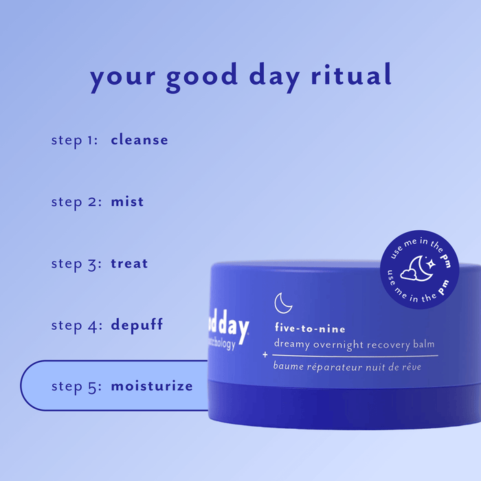 A blue cosmetic jar labeled 'five-to-nine' overnight recovery balm on a light blue background, with text outlining a five-step skincare ritual: cleanse, mist, treat, depuff, and moisturize. A circular badge says 'let me in the dark so me in the gm'.