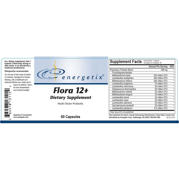 Flora 12+, a multi-strain probiotic, is a combination of twelve beneficial bacteria plus saccharomyces boulardii and the prebiotic fructooligosaccharides (FOS).