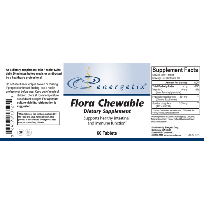 Flora Chewable contains the spore form probiotic Bacillus coagulans and prebiotic fructooligosaccharides (FOS), also called Chicory Root Inulin, to help support normal immune and digestive response.