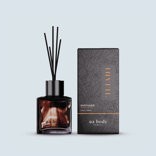 'Iliahi Sandalwood Diffuser with Reed sticks and glass bottle + packaging