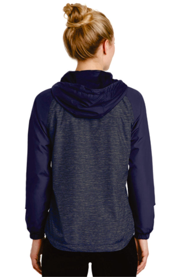 LT Poms Unisex or Ladies Heather Colorblock Raglan Hooded Windbreaker