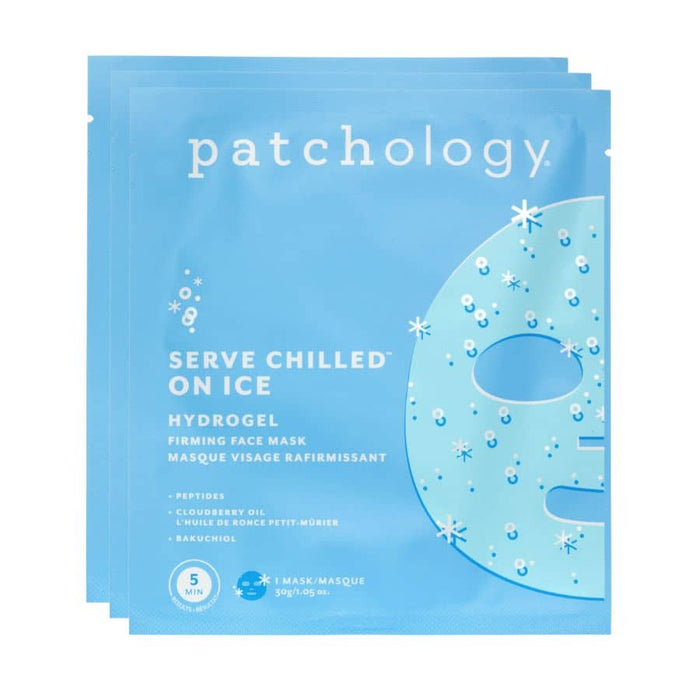 Three-pack of Patchology Serve Chilled On Ice Hydrogel Firming Face Masks in light blue packets, featuring peptides, cloudberry oil, and bakuchiol for a cooling skincare treatment.