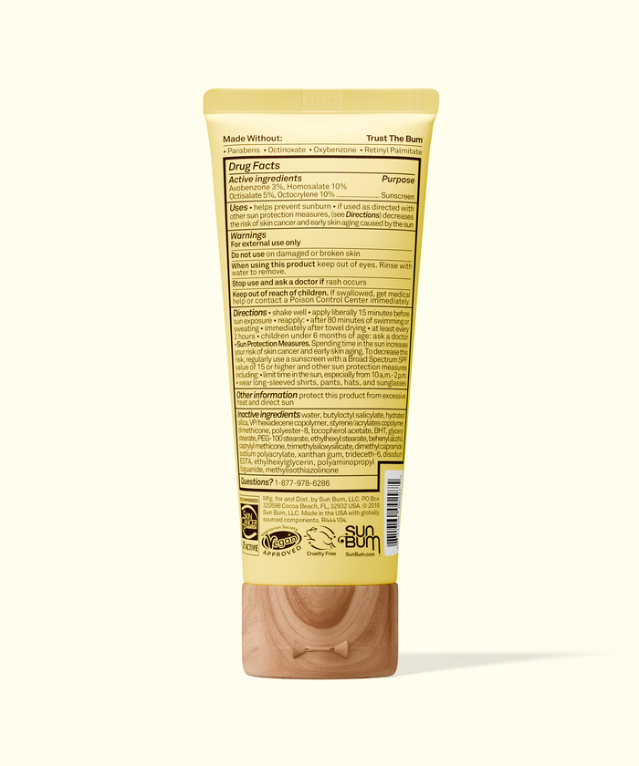 Back view of Sun Bum Original SPF 50 Sunscreen Face Lotion with ingredient and usage information on yellow tube.