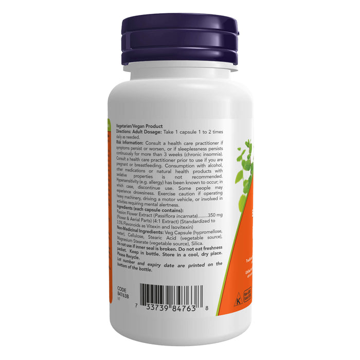 Bottle Back of NOW Passion Flower Extract 350 mg 90Capsules