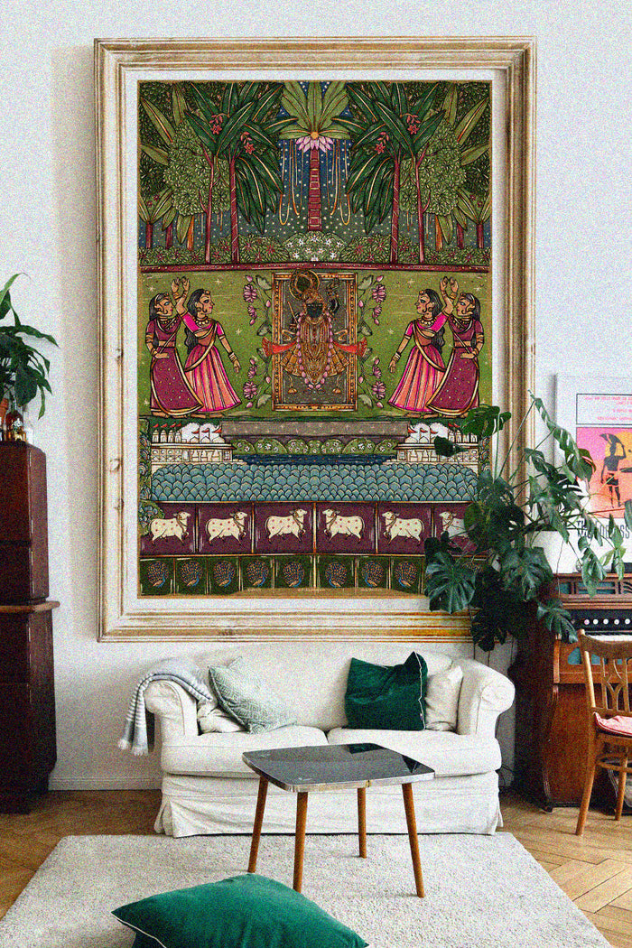 Pichhwai 2 - Srinathji with Dancing Gopis, set in the night sky.