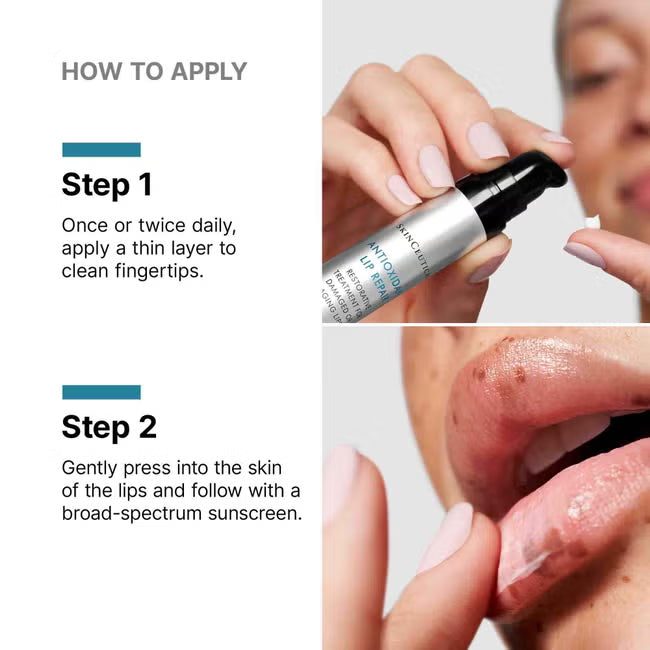 SkinCeuticals Antioxidant Lip Repair application steps with serum and lip treatment