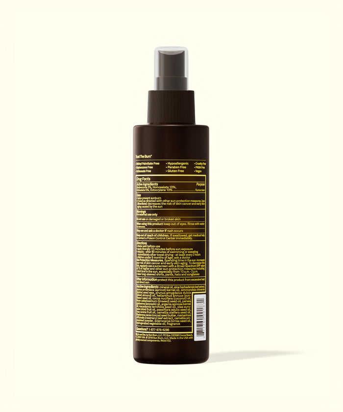Back view of Sun Bum SPF 15 Sunscreen Tanning Oil spray bottle with detailed ingredient and usage text.