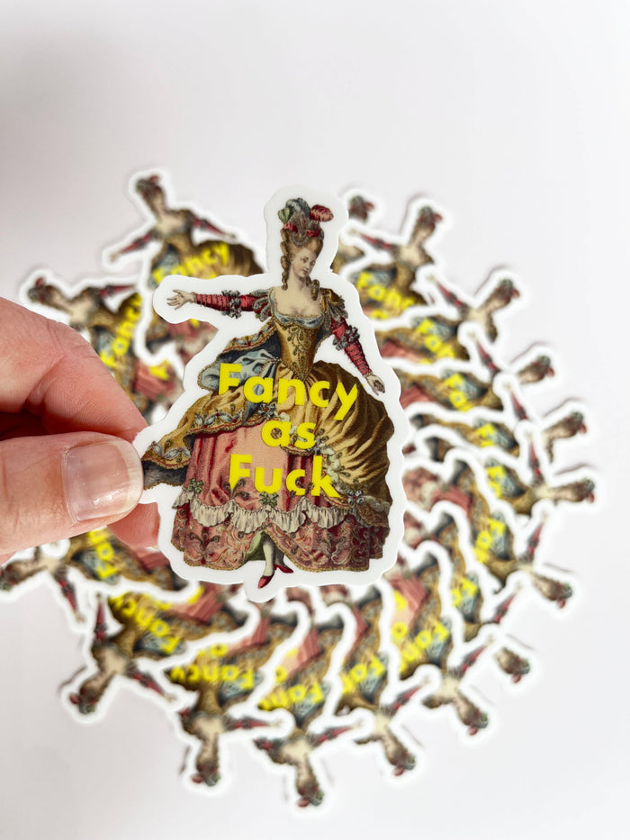 Funny "Fancy as Fuck" sticker from The Coin Laundry, featuring bold black lettering on a white background.