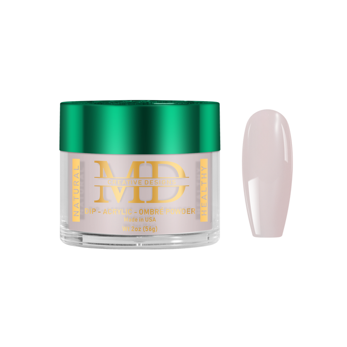 Jar of MD powder with a green lid and gold text, next to a light pink nail tip color swatch on a white background.