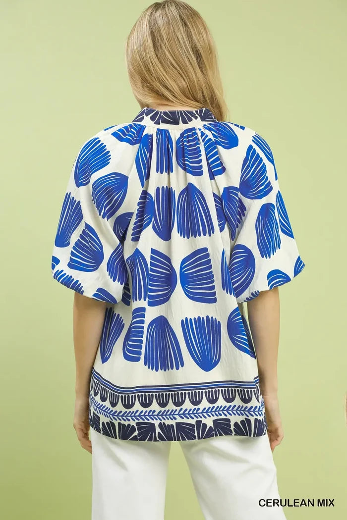 Umgee Shell Block Border Print Blouse