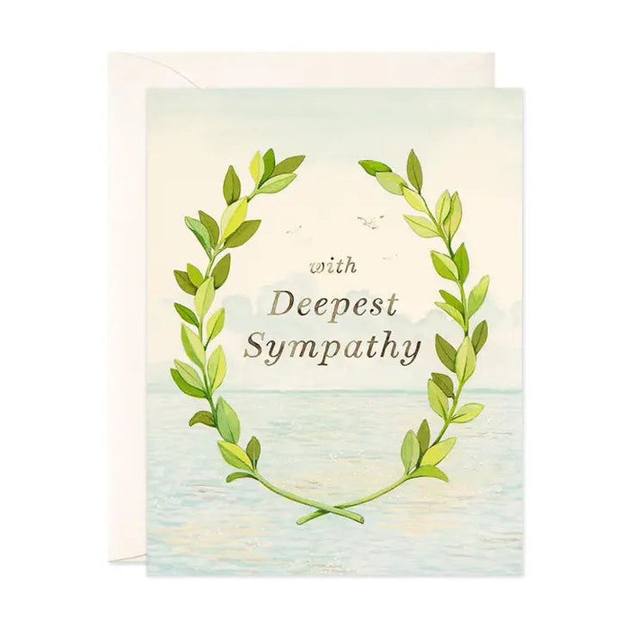 Sympathy card with green laurel wreath and "with Deepest Sympathy" message