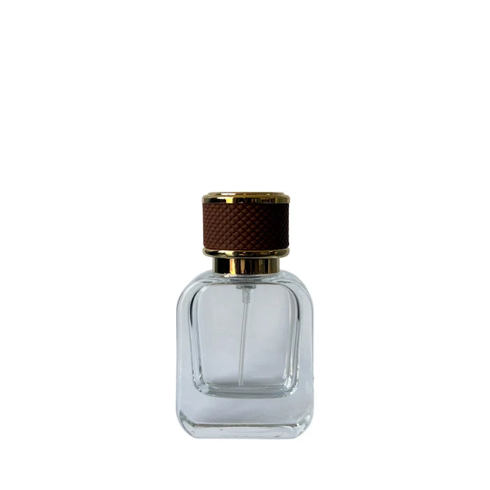 1 oz (30 ml) Clear Glass Rounded Rectangle Perfume Bottle with Brown Cap - World of Aromas