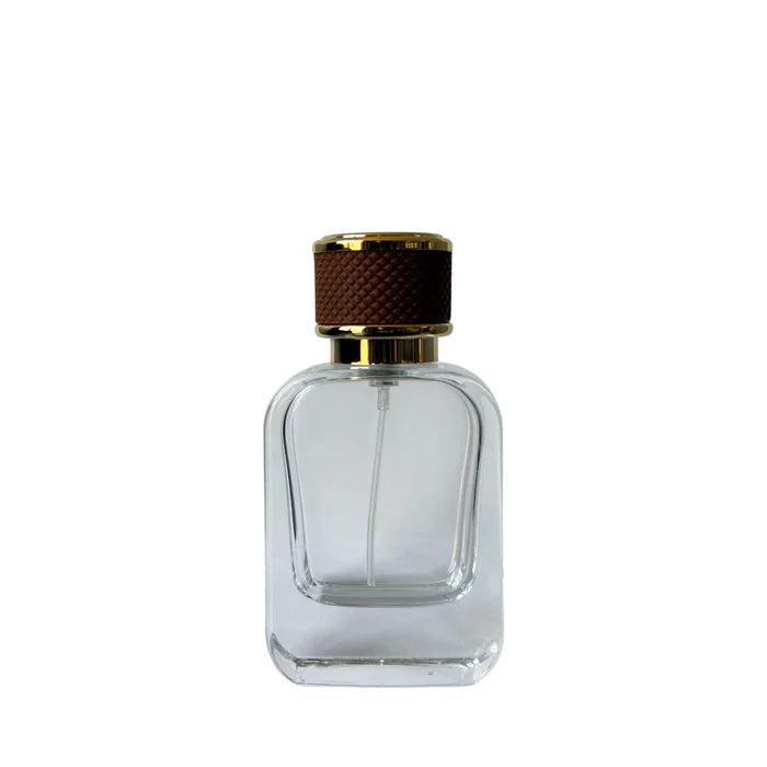 1.7 oz (50 ml) Clear Glass Rounded Rectangle Perfume Bottle with Brown Cap - World of Aromas