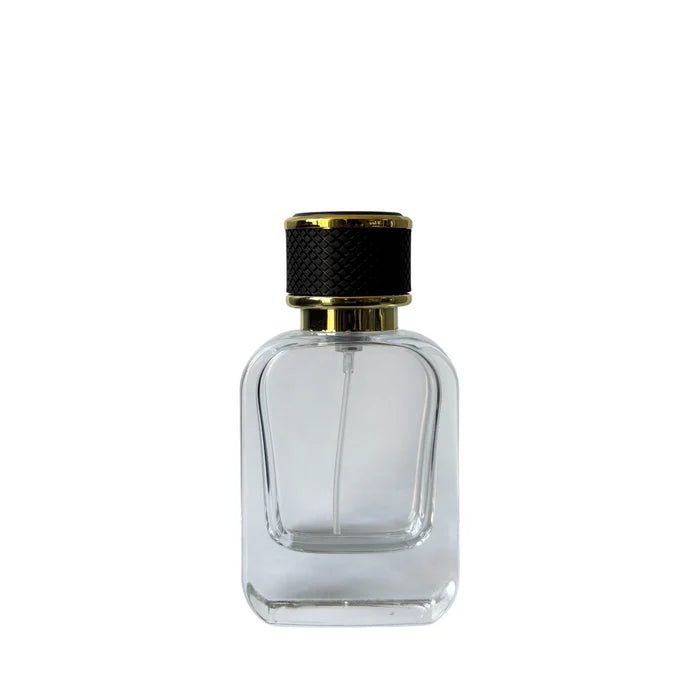 1.7 oz (50 ml) Clear Glass Rounded Rectangle Perfume Bottle with Black Cap - World of Aromas