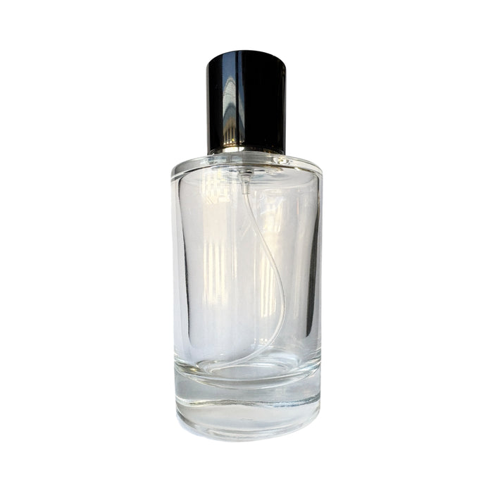 3.4 oz (100 ml) Clear Glass Cylinder Perfume Bottle with Black Magnetic Latch - World of Aromas