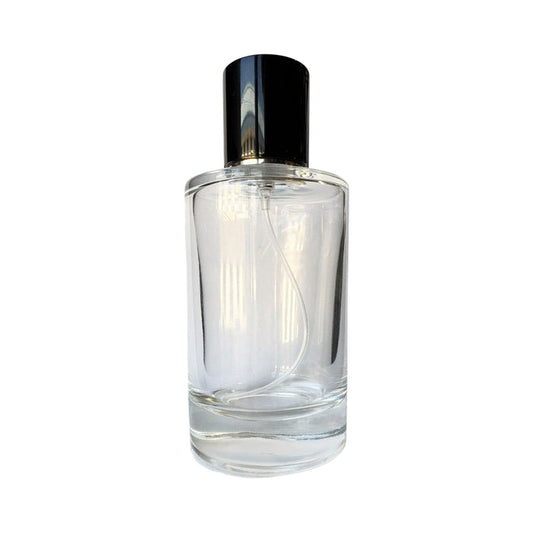 3.4 oz (100 ml) Clear Glass Cylinder Perfume Bottle with Black Magnetic Latch - World of Aromas