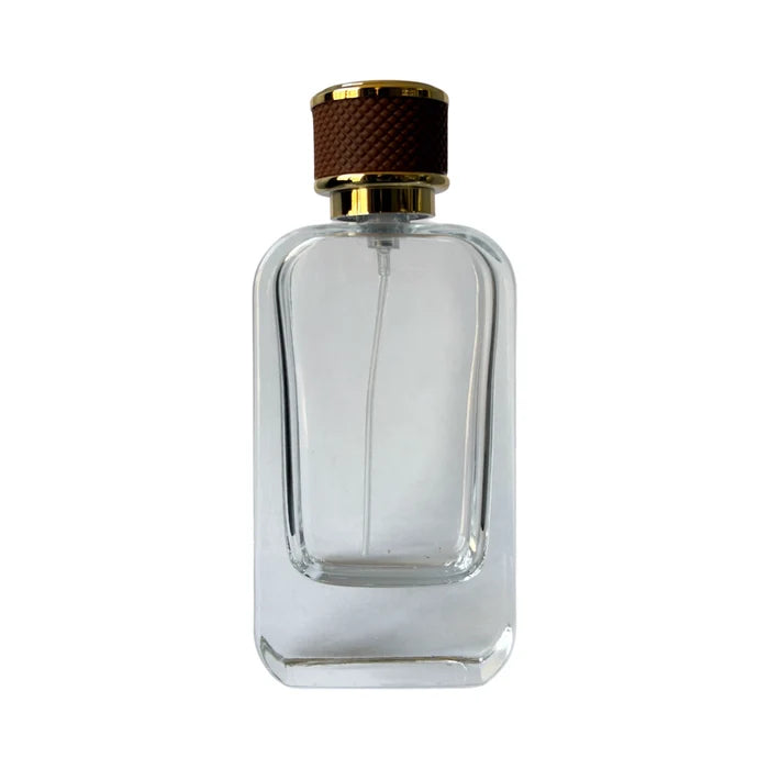 3.4 oz (100 ml) Clear Glass Rounded Rectangle Perfume Bottle with Brown Cap - World of Aromas