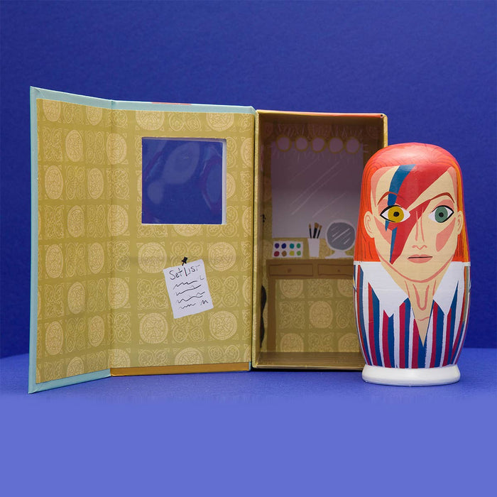 Set of 70s Men of Pop wooden nesting doll sets by Larney + Babs, featuring colorful vintage-style wooden dolls for display or gift.