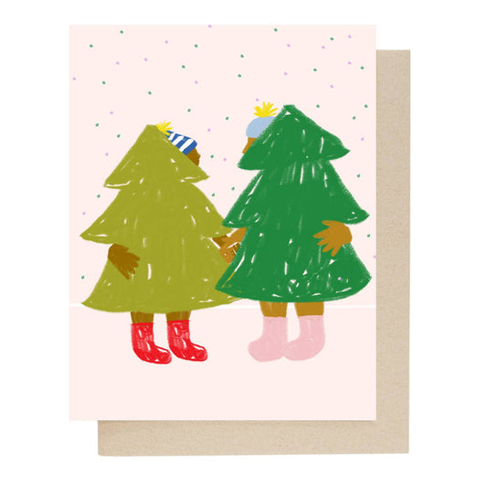 Holiday greeting card with two green tree figures, colorful confetti dots, and red boots