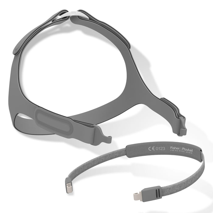 Gray CPAP mask and headgear on a white background