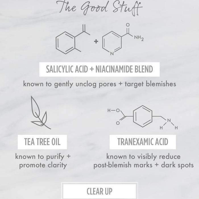 All Clear Purifying Serum ingredient graphic shows a salicylic acid + niacinamide blend, tea tree oil, and tranexamic acid, promoting unclogged pores, clearer skin, and reduced dark spots on a gray marble backdrop with molecular icons; ColourPop Face Serum.