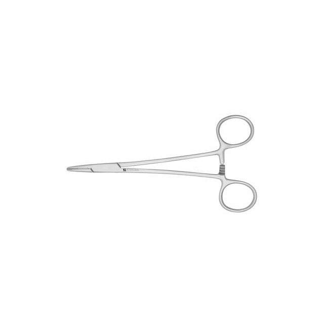 A pair of surgical forceps lies on a white background.