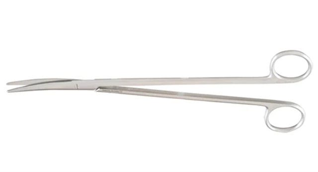 A pair of curved, metallic surgical scissors lies on a plain white background. The scissors are closed, ready for use.