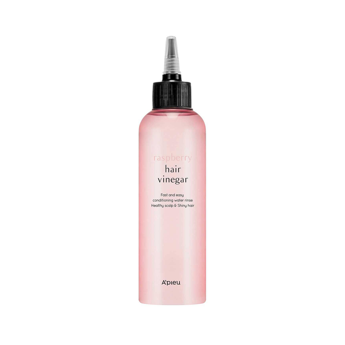A pink bottle labeled 'hair vinegar' with a black cap and white text, branded as A'pieu.