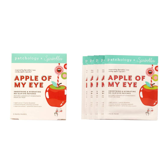Two packages of 'Apple of My Eye' eye patches by Patchology on a white background.