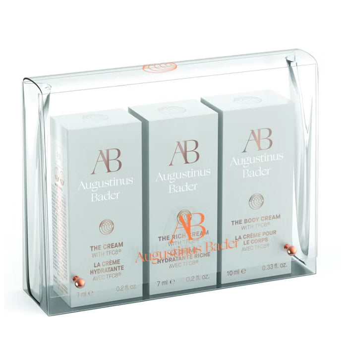 Augustinus Bader 3-piece deluxe sample set in clear zip pouch, includes The Cream, The Rich Cream and The Body Cream