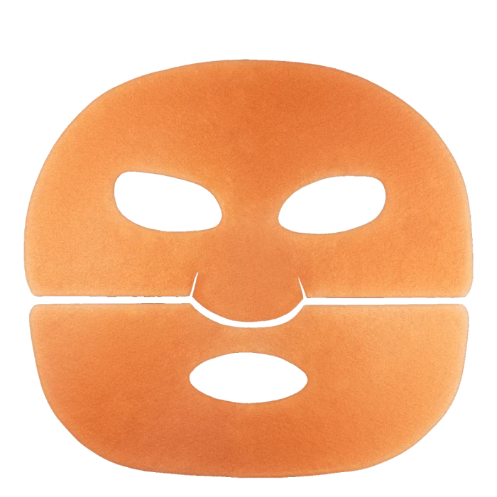 Orange hydrogel face mask with cutouts for eyes, nose, and mouth
