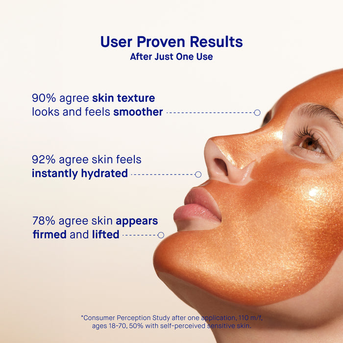 Woman wearing a glossy hydrogel face mask with text: User Proven Results After Just One Use