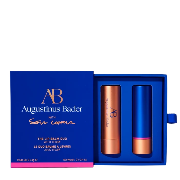 Augustinus Bader The Lip Balm Duo set with two lip balm tubes in blue and rose gold packaging
