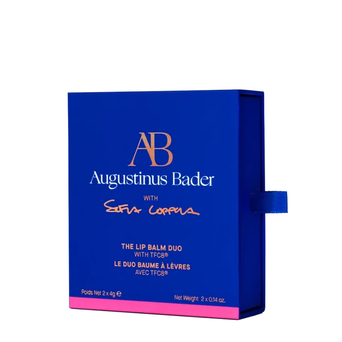 Augustinus Bader The Lip Balm Duo gift box with Sofia Coppola, blue packaging
