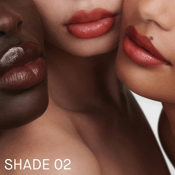 Three models wearing Shade 02 tinted balm on lips