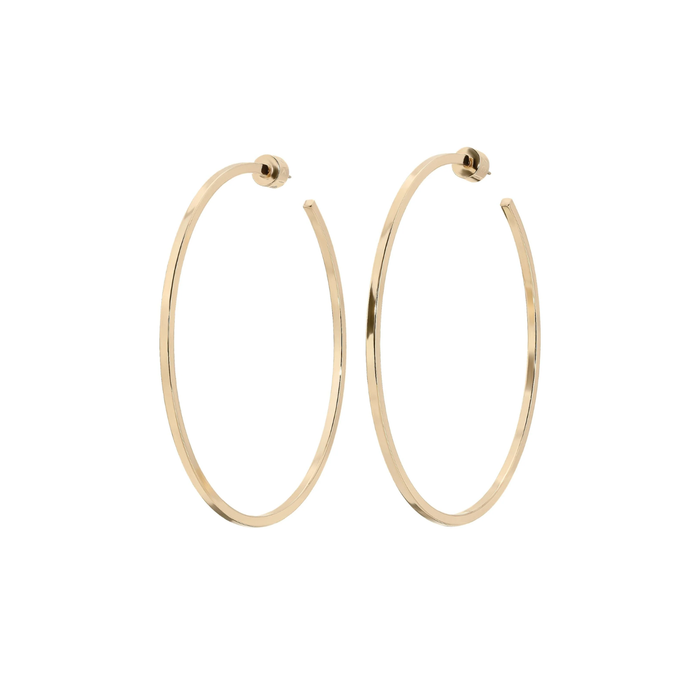 Gold 3-inch square wire hoop earrings with round clasp posts, pair