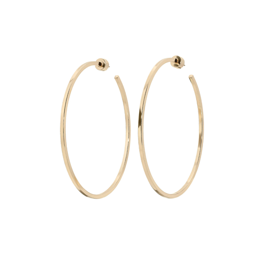 Gold 3-inch square wire hoop earrings with round clasp posts, pair