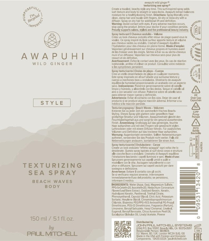 Awapuhi Wild Ginger by Paul Mitchell Texturizing Sea Spray, Creates Beach Waves, Adds Body, For All Hair Types, 5.1 fl. oz.