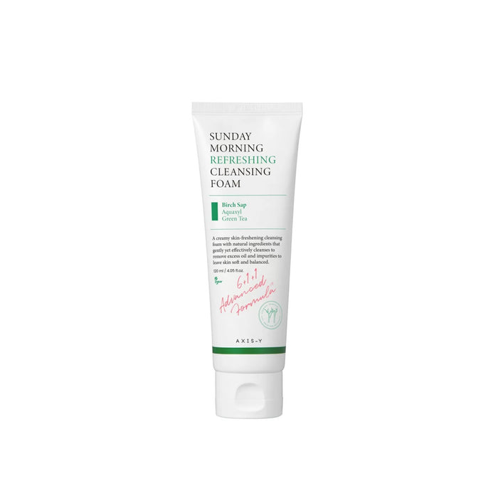 AXIS-Y Sunday Morning Refreshing Cleansing Foam is a gentle cleanser designed to purify and refresh your skin without stripping it of moisture. Formulated with soothing ingredients like Chamomile, Licorice Root, and Centella Asiatica Extracts, this cleansing foam effectively removes impurities while calming and hydrating the skin. Enriched with Hyaluronic Acid and Rice Bran Extract, it helps to maintain skin's natural moisture balance, leaving your complexion feeling soft, clean, and revitalized