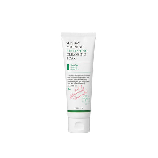AXIS-Y Sunday Morning Refreshing Cleansing Foam is a gentle cleanser designed to purify and refresh your skin without stripping it of moisture. Formulated with soothing ingredients like Chamomile, Licorice Root, and Centella Asiatica Extracts, this cleansing foam effectively removes impurities while calming and hydrating the skin. Enriched with Hyaluronic Acid and Rice Bran Extract, it helps to maintain skin's natural moisture balance, leaving your complexion feeling soft, clean, and revitalized