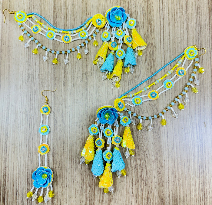 Beaded Handmade Jewellery Ferozi Yellow Earring Tikka Set