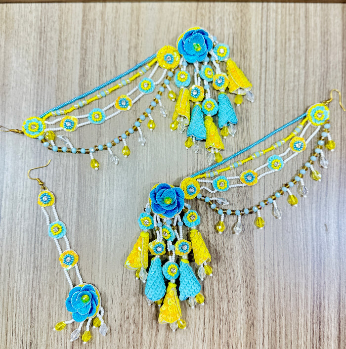 Beaded Handmade Jewellery Ferozi Yellow Earring Tikka Set